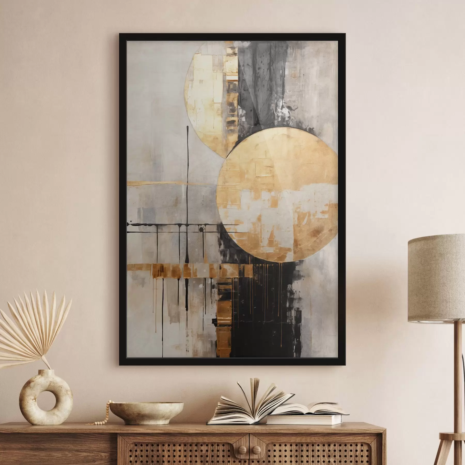 Fototapet Abstraktní malba s kruhy, černými a žlutými liniemi a pozadím v šedých a bílých tónech f45185