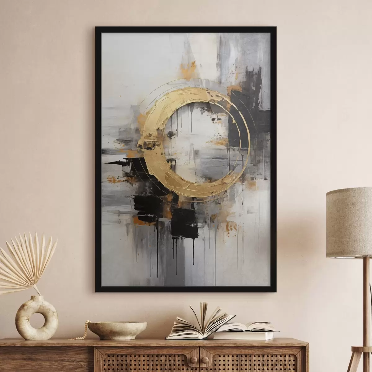 Poster Abstraktní malba s kruhy, černými a žlutými liniemi a pozadím v šedých a bílých tónech f45186