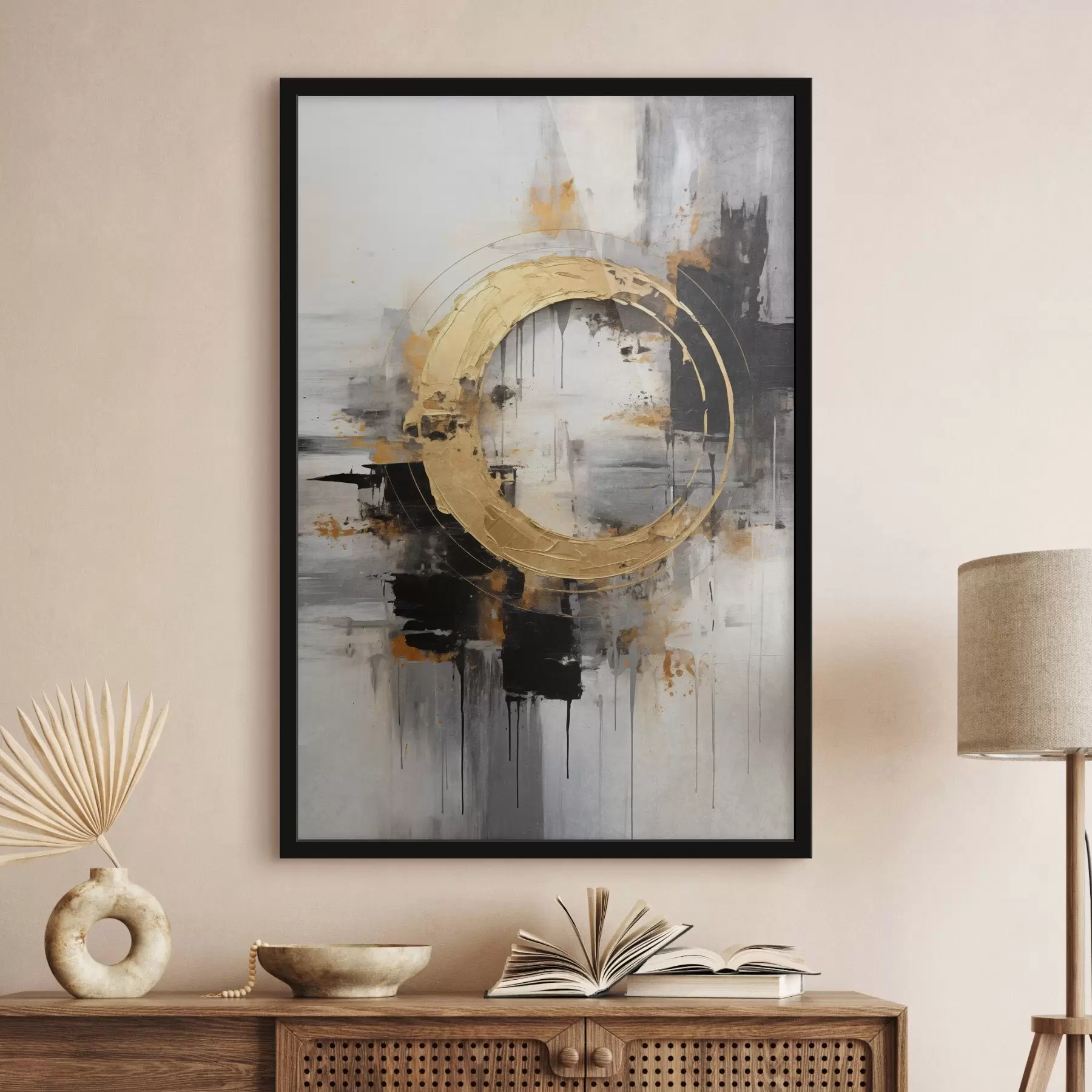 Fototapet Abstraktní malba s kruhy, černými a žlutými liniemi a pozadím v šedých a bílých tónech f45186