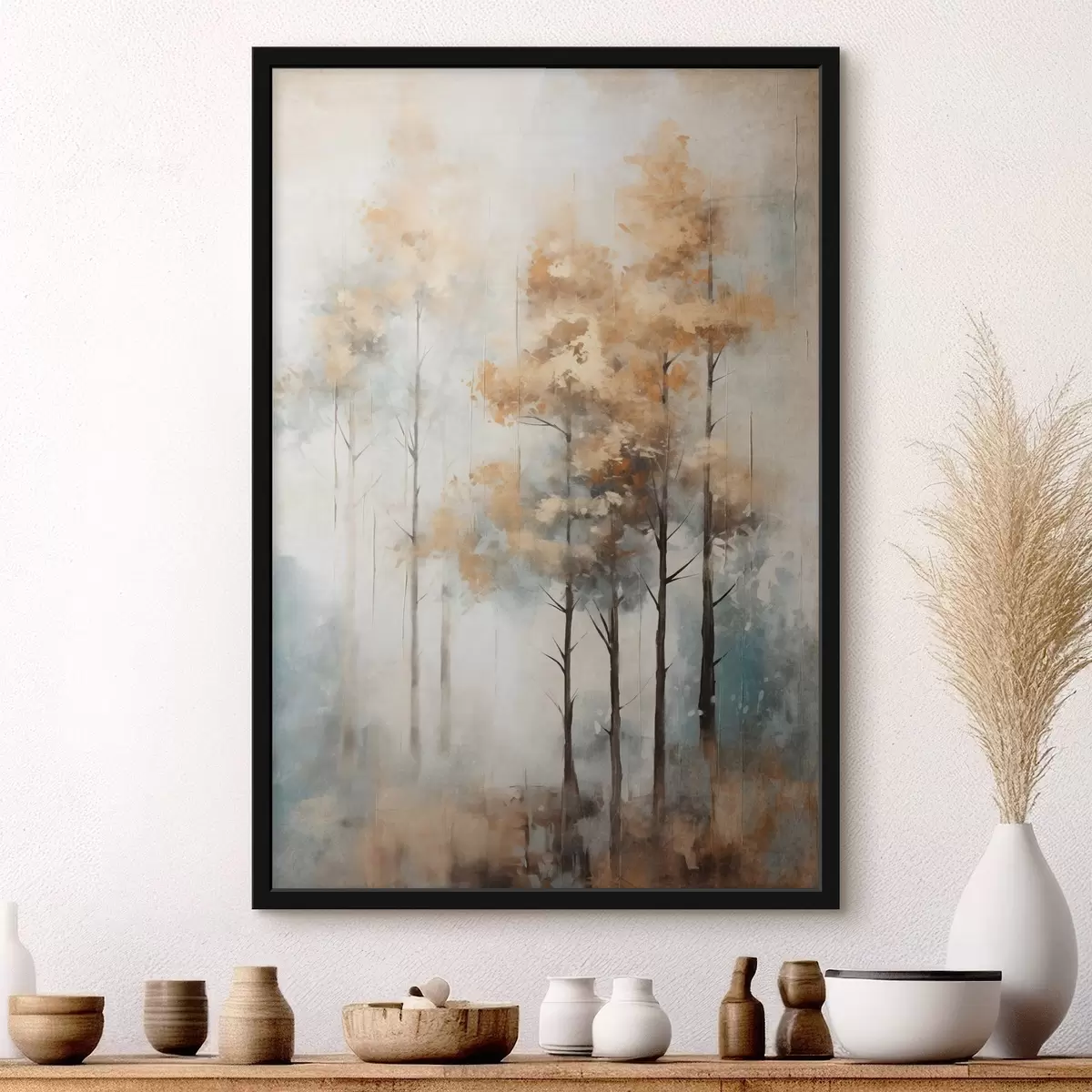 Poster Texturované vysoké stromy se žlutými listy v lese , pozadí je směs jemných modrých a hnědých tónů f45187