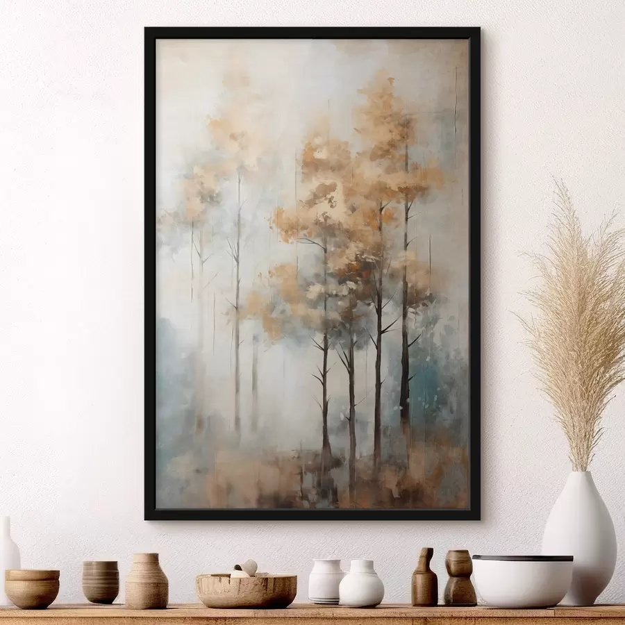 Fototapet Texturované vysoké stromy se žlutými listy v lese , pozadí je směs jemných modrých a hnědých tónů f45187