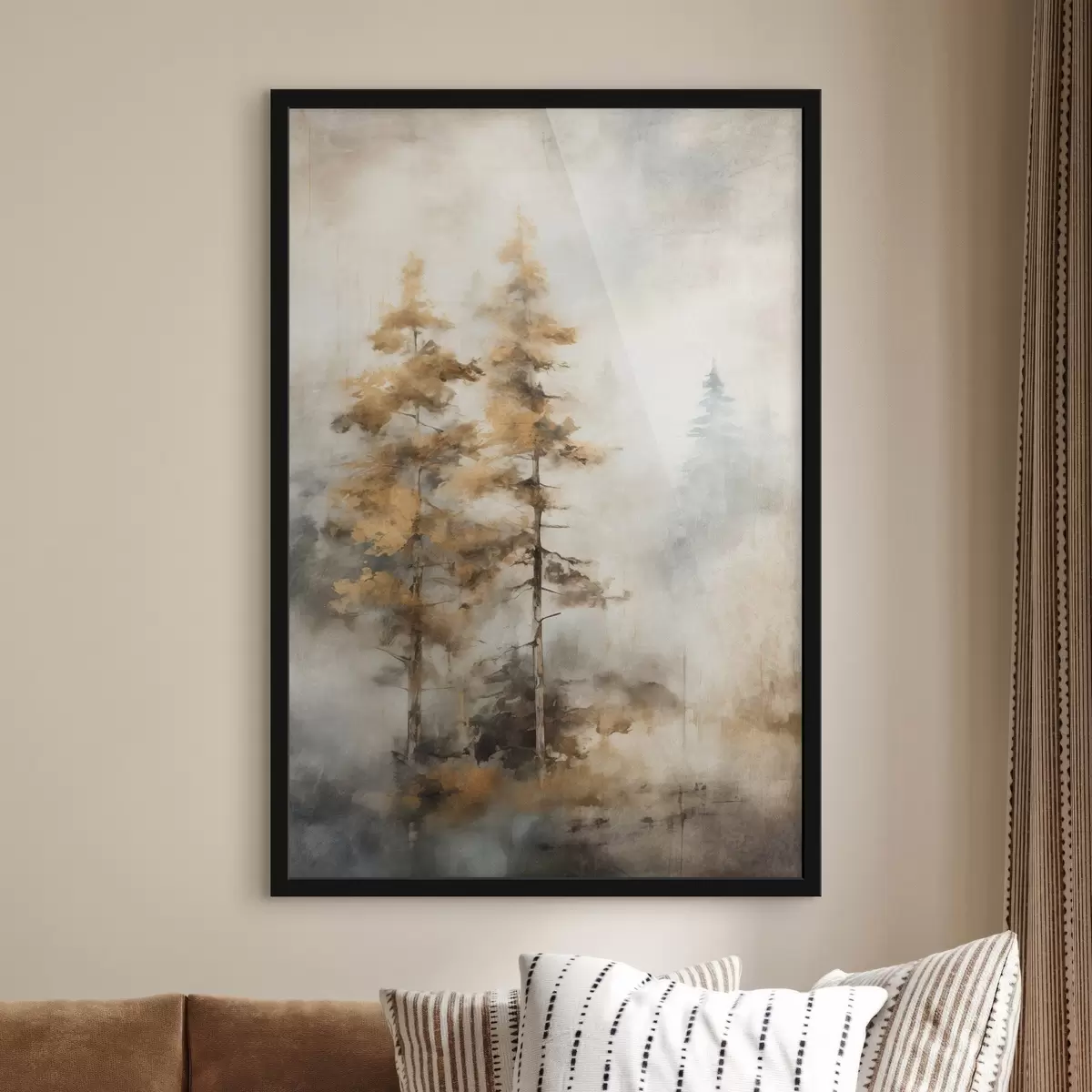 Poster Texturované vysoké stromy se žlutými listy v lese , pozadí je směs jemných modrých a hnědých tónů f45188