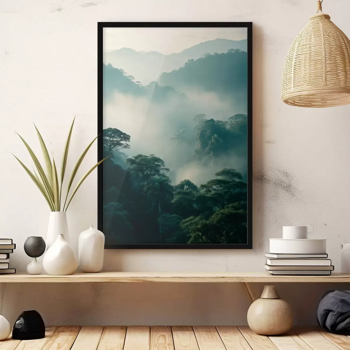 Poster Tropický deštný prales se svěžími zelenými stromy a hustou vrstvou mlhy, která vytváří atmosférické prostředí f45189