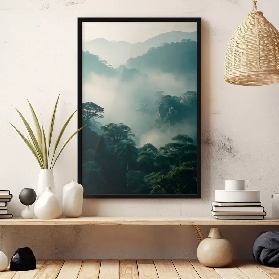 Fototapet Tropický deštný prales se svěžími zelenými stromy a hustou vrstvou mlhy, která vytváří atmosférické prostředí f45189