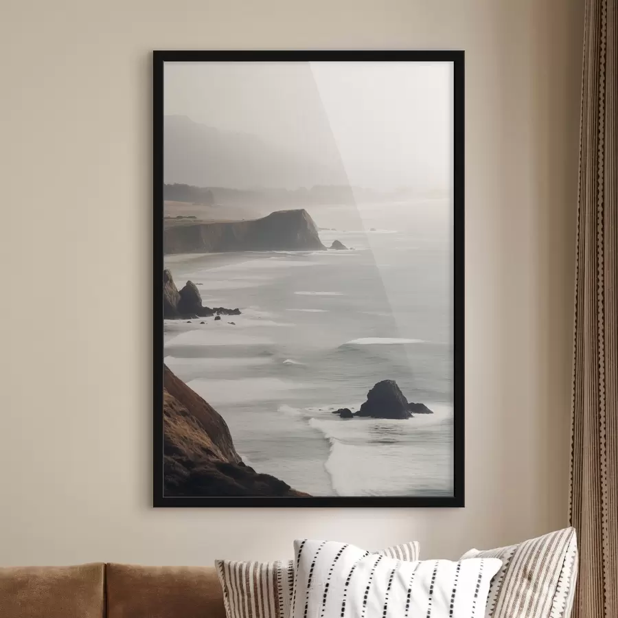 Fototapet Skalnaté útesy a mořské pobřeží, vlny narážející na břeh,krajina s náladovou atmosférou, zemité tóny f45194