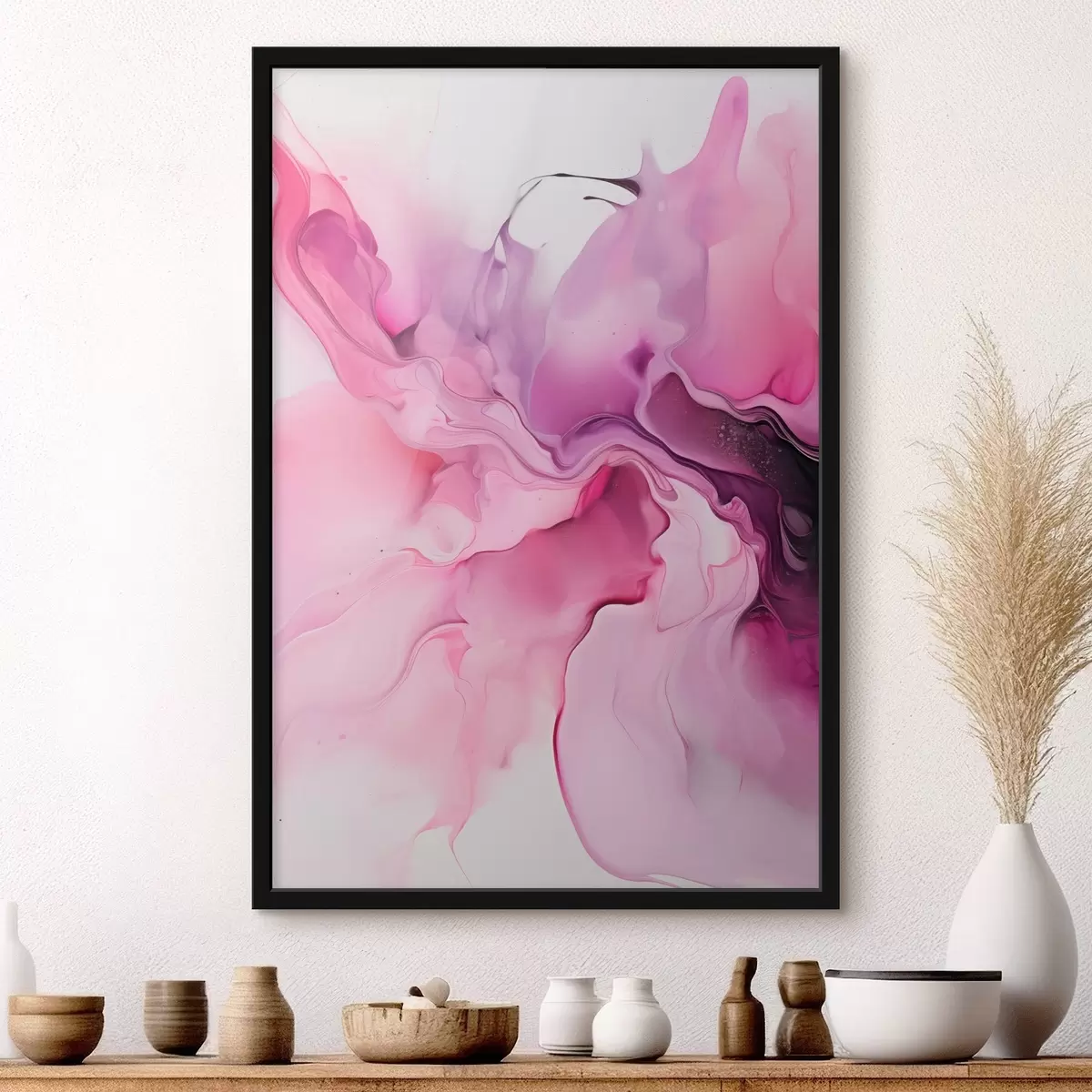 Poster Abstraktní víry růžové, fialové a černé barvy se prolínají v plynulé organické kompozici a vytvářejí pocit pohybu f45195