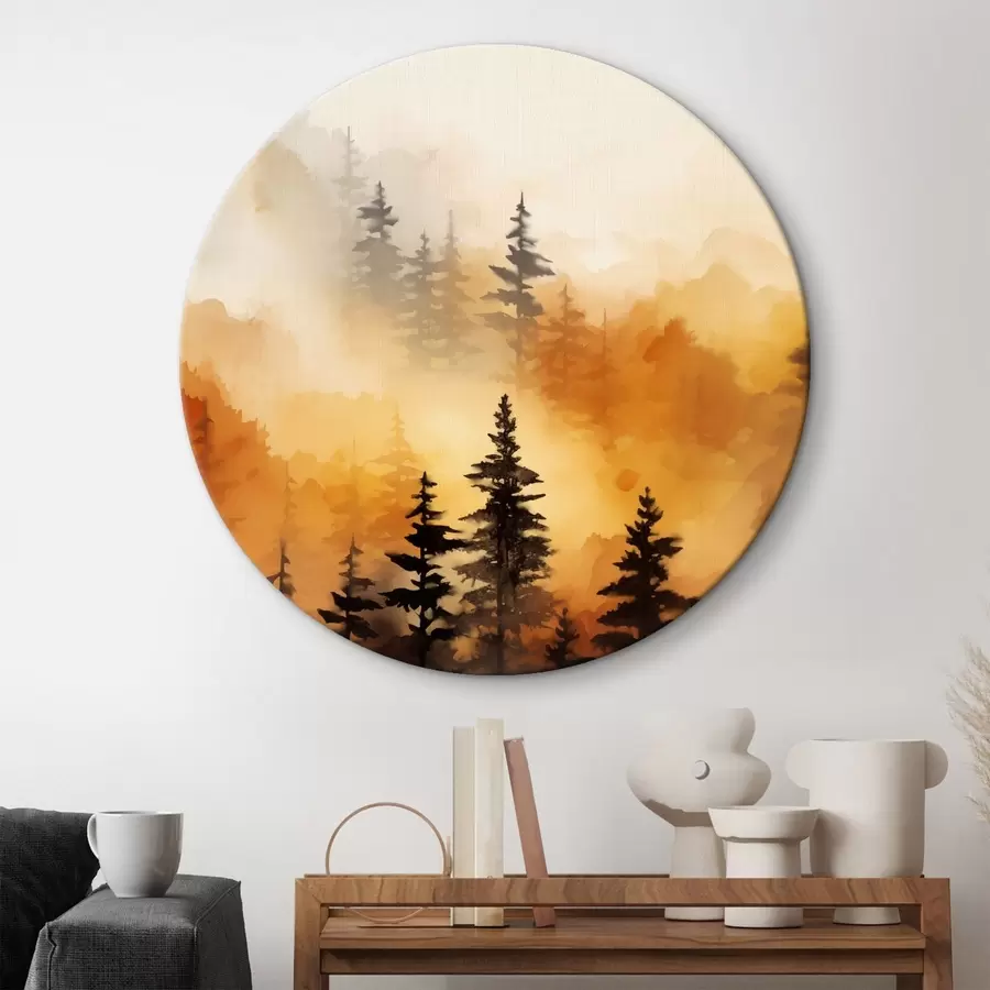 Obraz Akvarelová malba krajiny imitující les s vysokými borovicemi a horami v pozadí Č. r45170