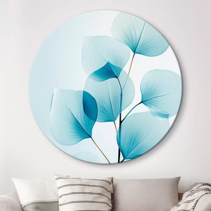 Obraz Větev s průsvitnými modrými listy, viditelné jemné žilky, lehká a klidná kompozice, minimalistická estetika Č. r45175