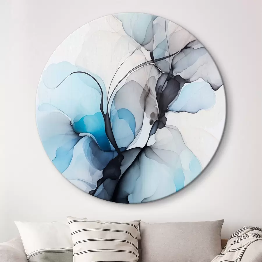 Obraz Abstraktní kompozice s plynulými liniemi a průsvitnými okvětními lístky v odstínech modré, bílé a béžové, imitace lihového inkoustu Č. r45177