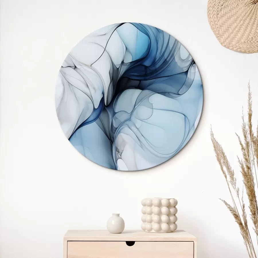 Obraz Abstraktní kompozice s plynulými liniemi a průsvitnými okvětními lístky v odstínech modré, bílé a béžové, imitace lihového inkoustu Č. r45178