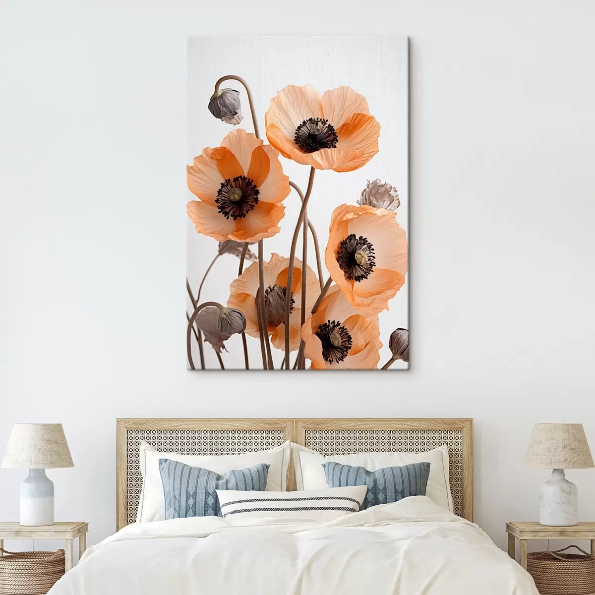 Obraz Oranžové máky, sušené květiny na světlém pozadí, měkké osvětlení, jemné okvětní lístky, květinové aranžmá Č. s45167