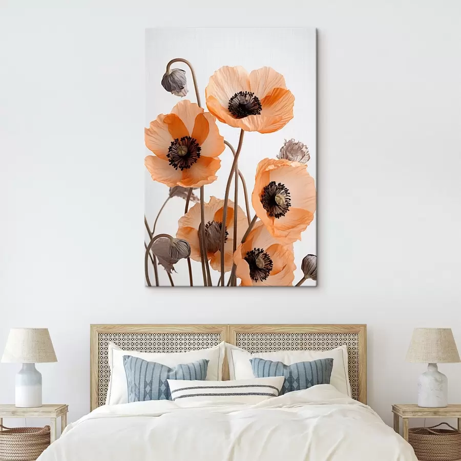 Obraz Oranžové máky, sušené květiny na světlém pozadí, měkké osvětlení, jemné okvětní lístky, květinové aranžmá Č. s45167