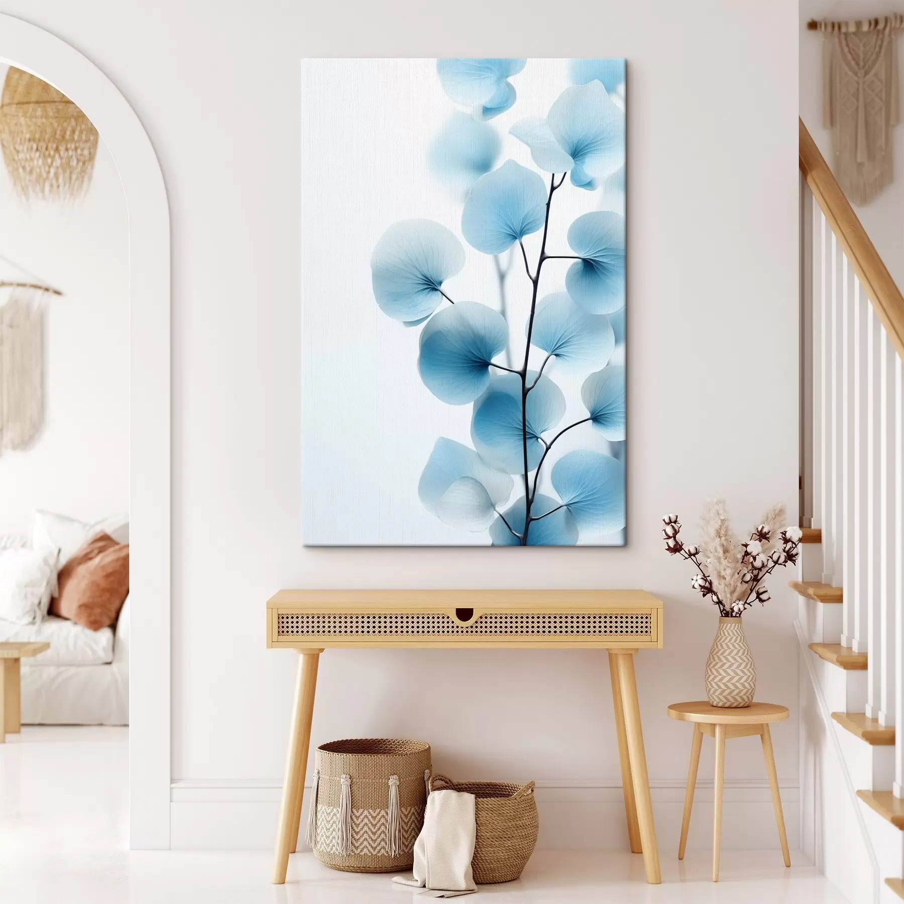 Obraz Větev s průsvitnými modrými listy, viditelné jemné žilky, lehká a klidná kompozice, minimalistická estetika Č. s45176