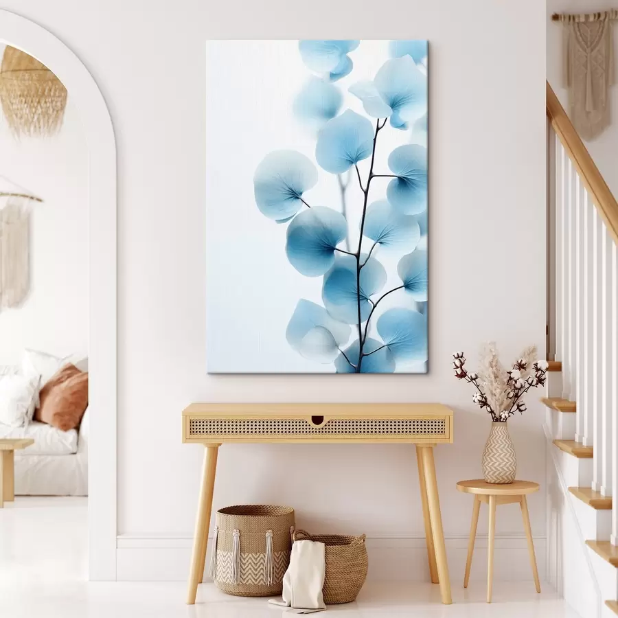 Obraz Větev s průsvitnými modrými listy, viditelné jemné žilky, lehká a klidná kompozice, minimalistická estetika Č. s45176