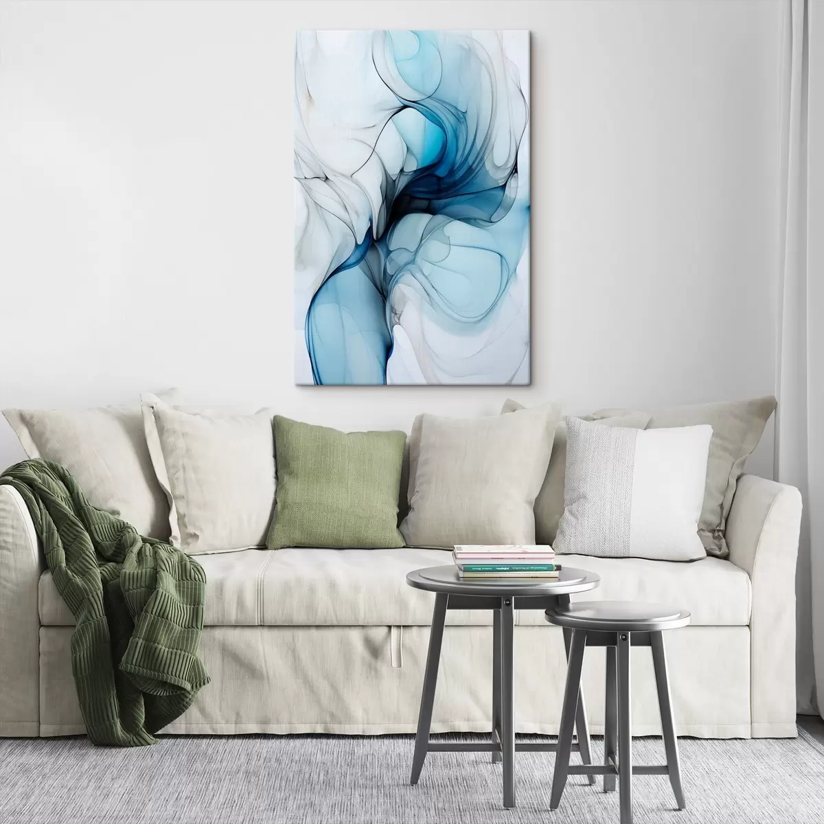 Obraz Abstraktní kompozice s plynulými liniemi a průsvitnými okvětními lístky v odstínech modré, bílé a béžové, imitace lihového inkoustu Č. s45178