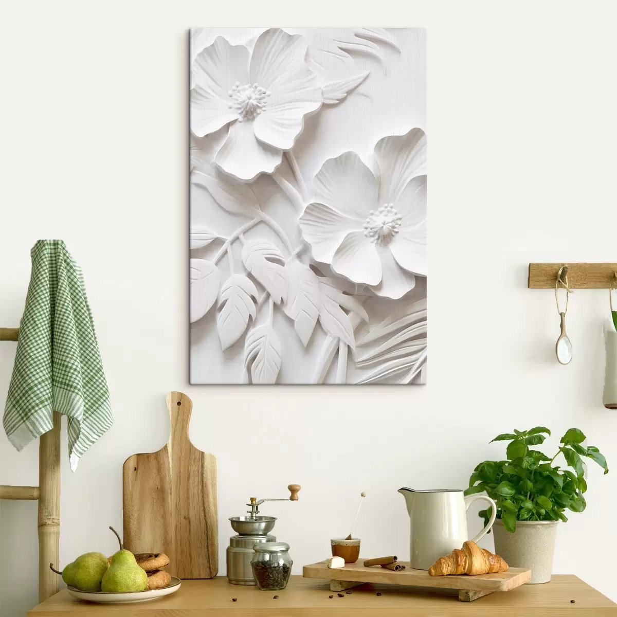 Obraz Dekorativní minimalistické bílé květy s listy, imitace reliéfu, bílé pozadí Č. s45179