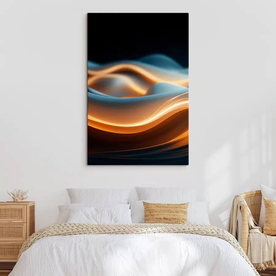 Obraz Abstraktní tekoucí tvary s oranžovými liniemi, hladké křivky a linie, dynamická kompozice, tmavé pozadí Č. s45184