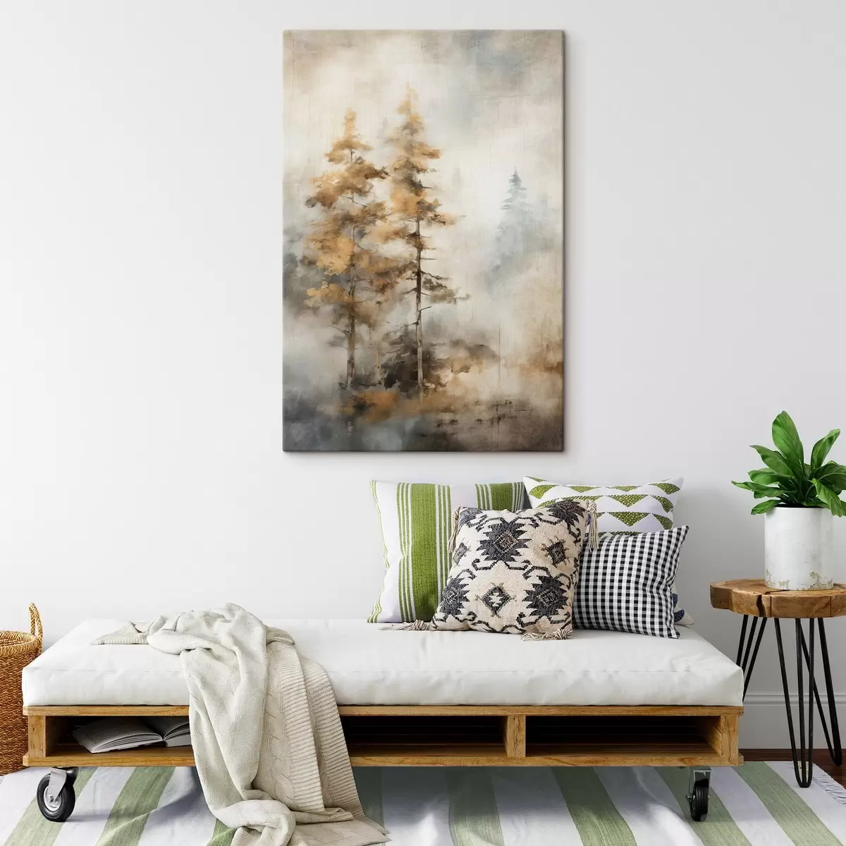 Obraz Texturované vysoké stromy se žlutými listy v lese , pozadí je směs jemných modrých a hnědých tónů Č. s45188