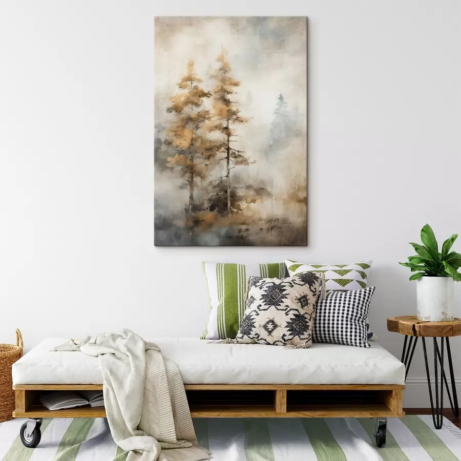 Obraz Texturované vysoké stromy se žlutými listy v lese , pozadí je směs jemných modrých a hnědých tónů Č. s45188