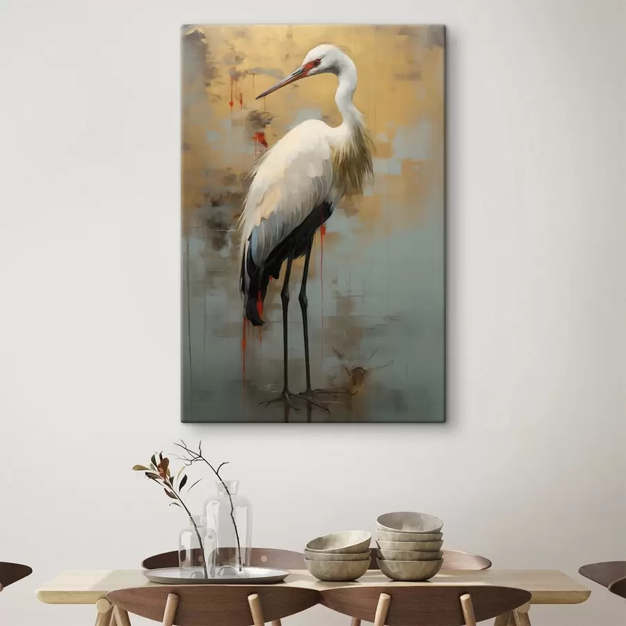 Obraz Bílá volavka na pozadí tlumených žlutých, hnědých a modrých odstínů naznačujících mlhavou abstraktní krajinu Č. s45191