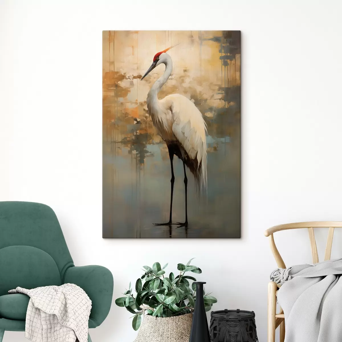 Obraz Bílá volavka na pozadí tlumených žlutých, hnědých a modrých odstínů naznačujících mlhavou abstraktní krajinu Č. s45192