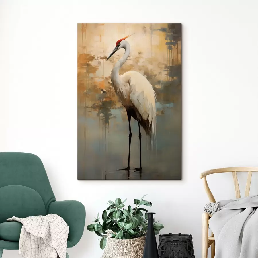 Obraz Bílá volavka na pozadí tlumených žlutých, hnědých a modrých odstínů naznačujících mlhavou abstraktní krajinu Č. s45192