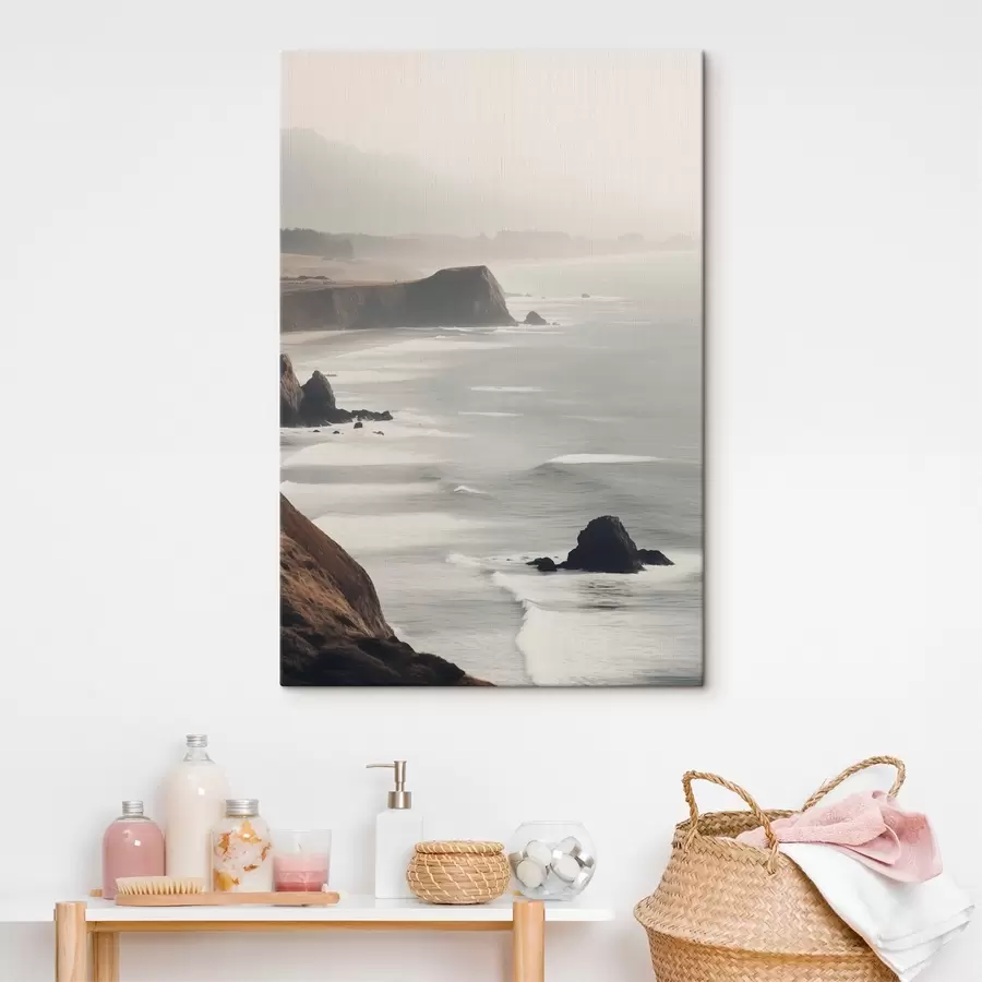 Obraz Skalnaté útesy a mořské pobřeží, vlny narážející na břeh,krajina s náladovou atmosférou, zemité tóny Č. s45194