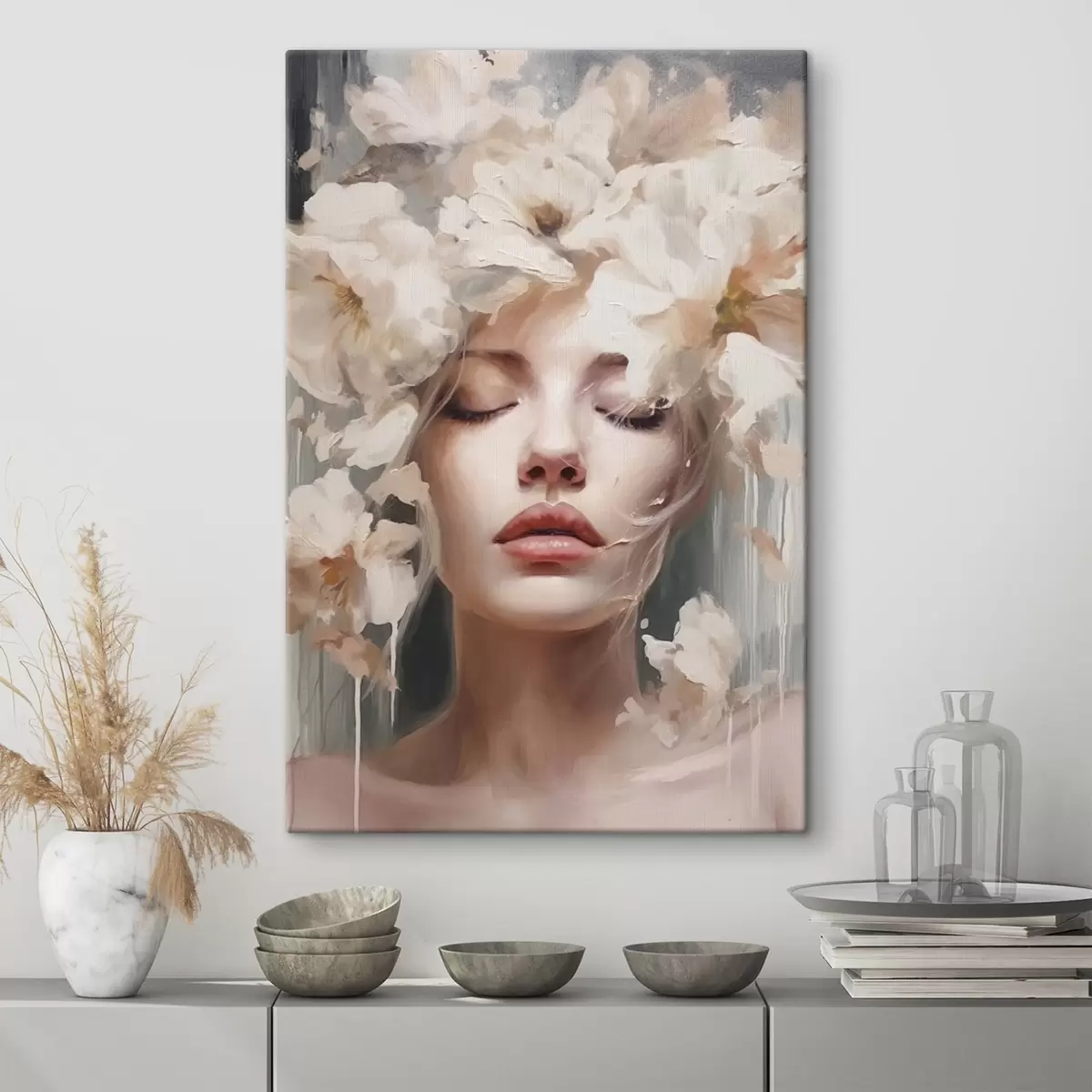 Obraz Ženský portrét s bílými květy Č. s45218