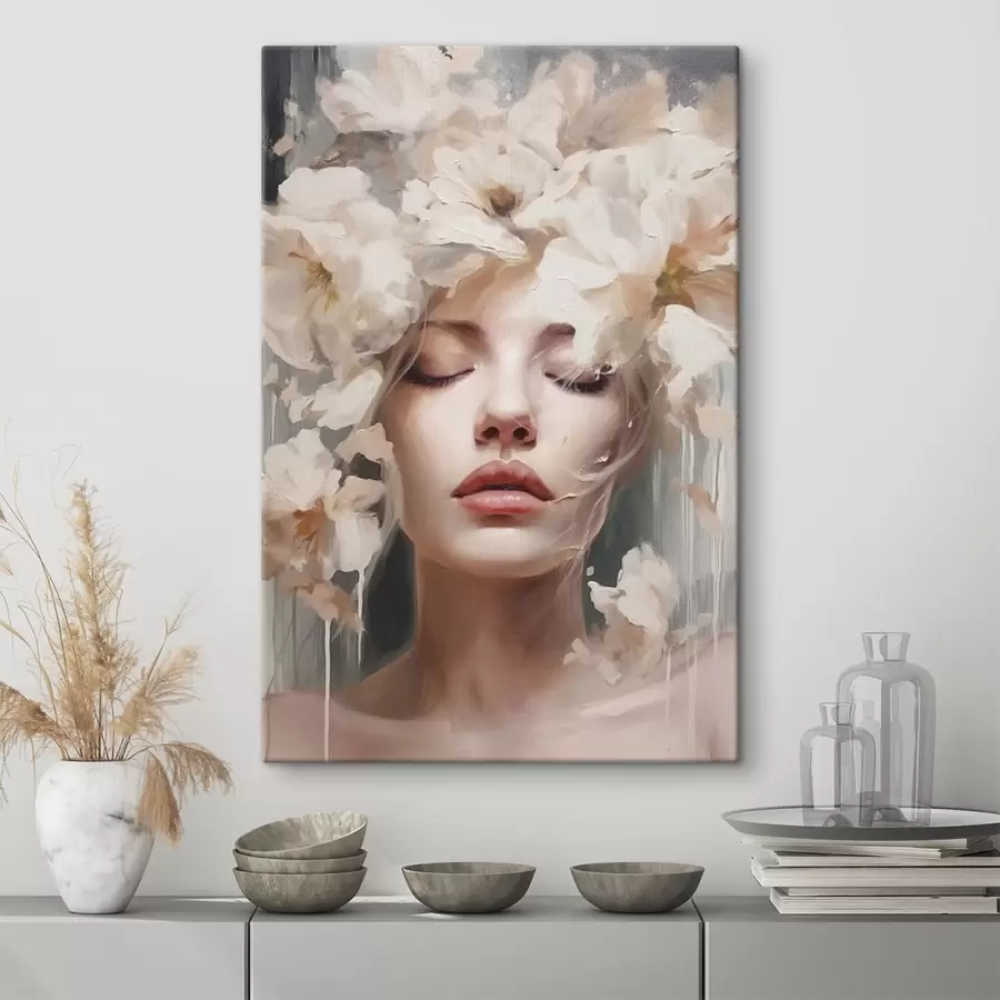 Obraz Ženský portrét s bílými květy Č. s45218