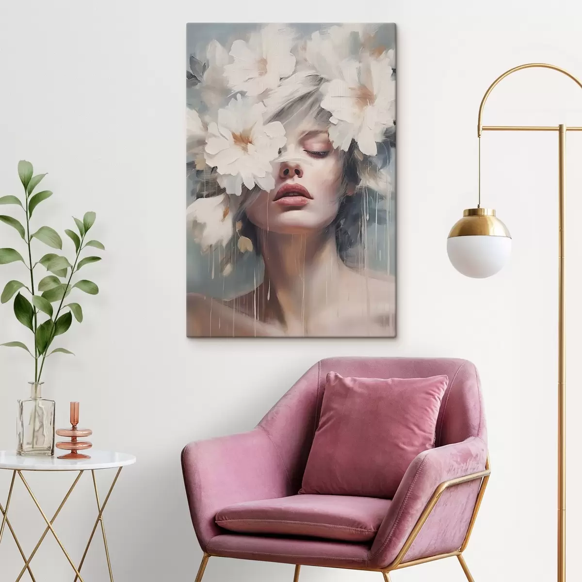 Obraz Ženský portrét s bílými květy Č. s45219