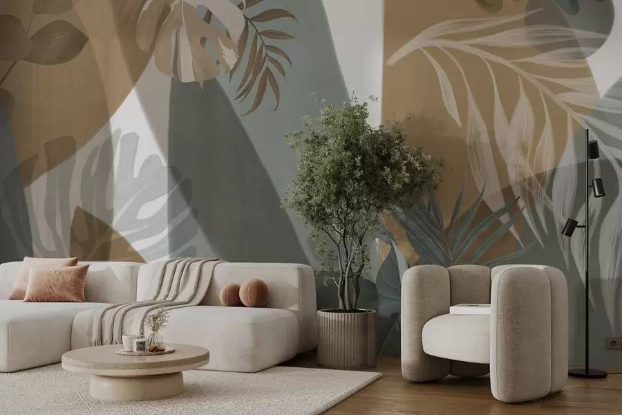 Fototapet Listy monstery a palmové listy ve vzoru hnědé, bílé a zelené barvy, tropická atmosféra, abstraktní tvary, dekorace w09288