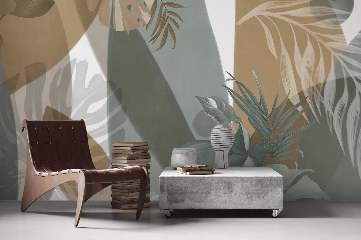 Fototapet Listy monstery a palmové listy ve vzoru hnědé, bílé a zelené barvy, tropická atmosféra, abstraktní tvary, dekorace w09288