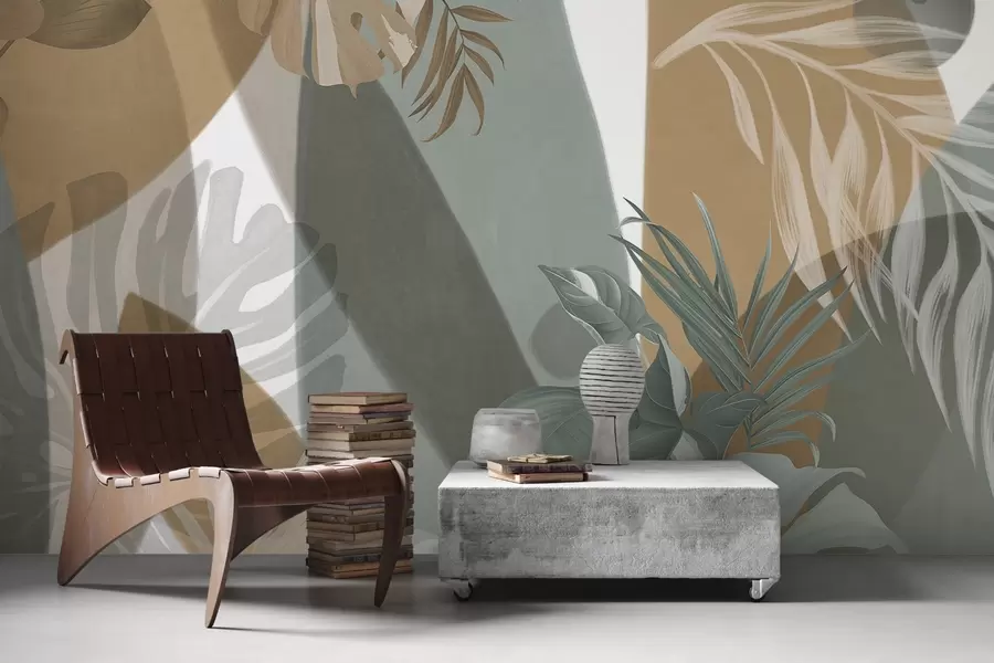 Fototapet Listy monstery a palmové listy ve vzoru hnědé, bílé a zelené barvy, tropická atmosféra, abstraktní tvary, dekorace w09288