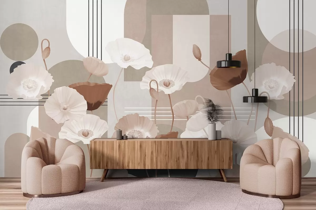 Fototapet Mák v bílé a béžové barvě s geometrickými tvary v pozadí, kruhy a oblouky, minimalistický styl, jemné barvy w09289