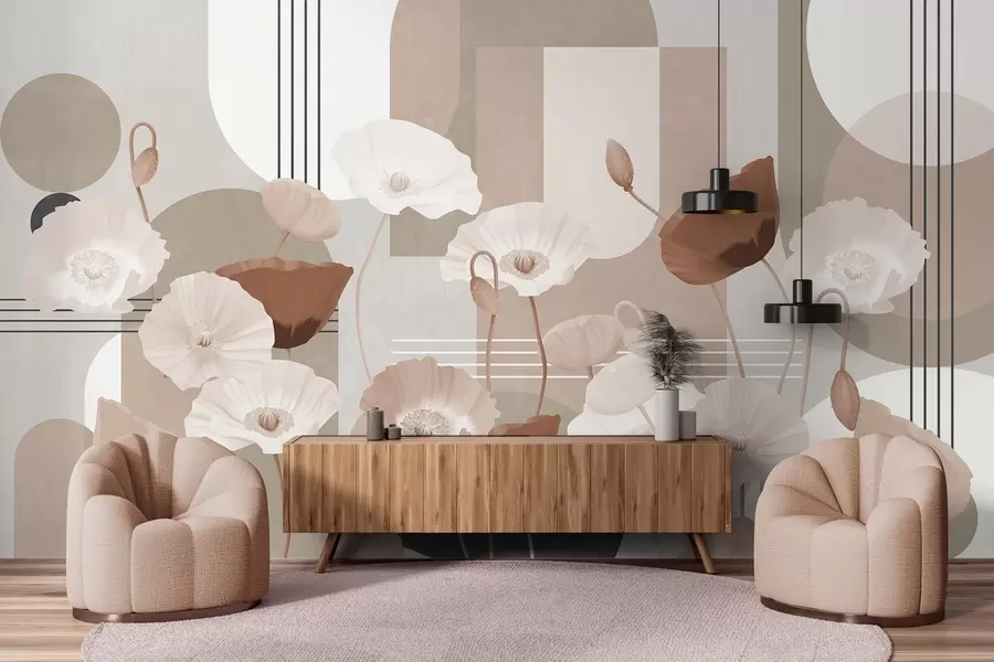 Fototapet Mák v bílé a béžové barvě s geometrickými tvary v pozadí, kruhy a oblouky, minimalistický styl, jemné barvy w09289