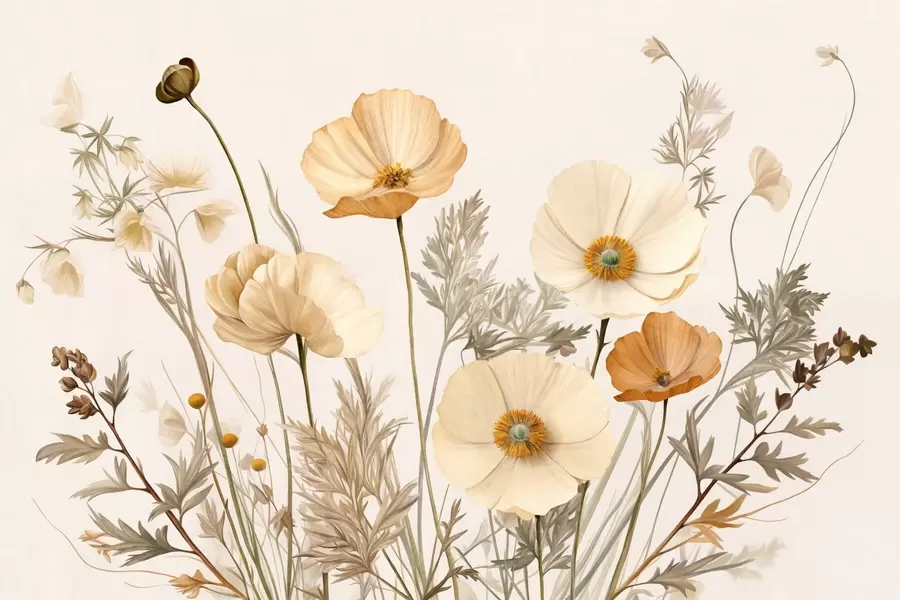 Fototapet Oranžové a bílé vintage makovice s tenkými stonky a listy, světle béžové pozadí, akvarelový styl w09293