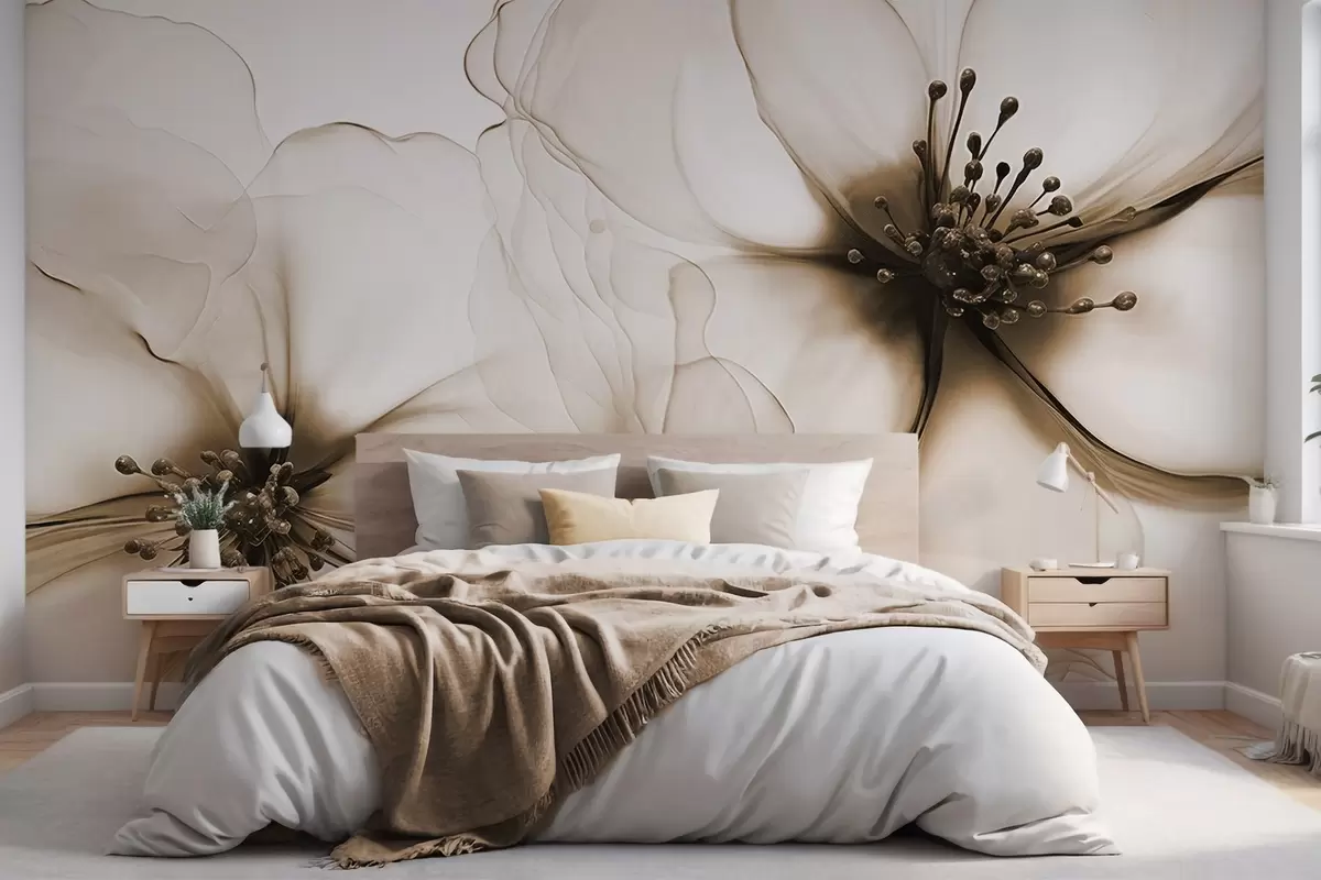 Fototapet Dva průsvitné hnědé květy s viditelnými tyčinkami, překrývajícími se jemnými okvětními lístky a jemnou splývavou strukturou w09295