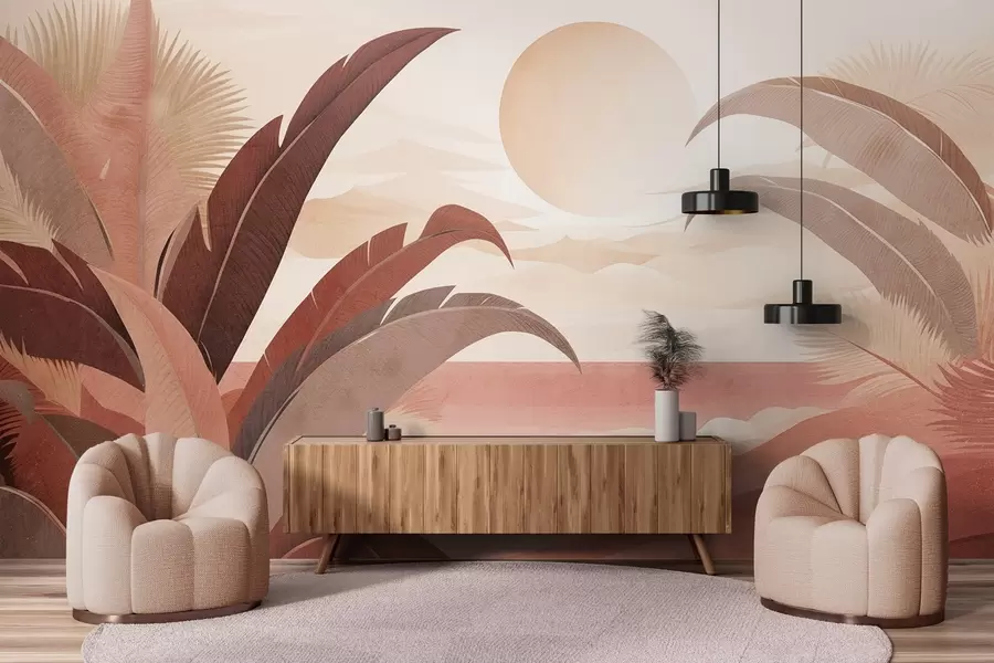 Fototapet Tropická texturovaná abstraktní krajina s palmovými listy a velkým sluncem na obloze, teplá barevná paleta, minimalistický styl, stylizovaná w09296