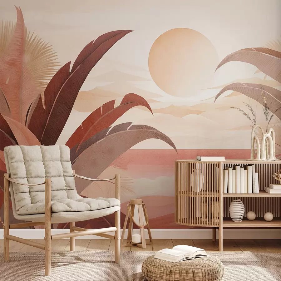 Fototapet Tropická texturovaná abstraktní krajina s palmovými listy a velkým sluncem na obloze, teplá barevná paleta, minimalistický styl, stylizovaná w09296