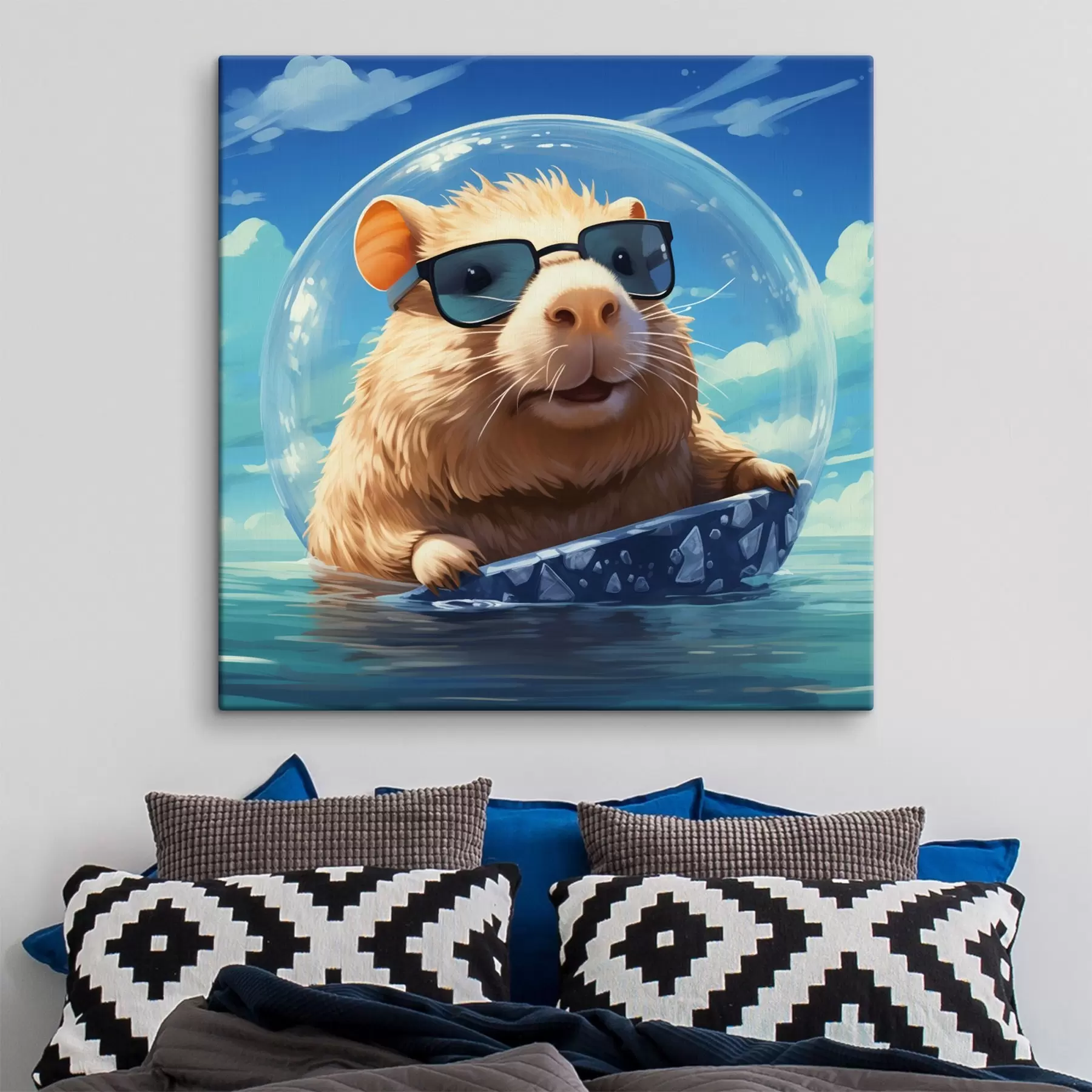 Fototapet Veselá kapybara v průhledné bublině na vodě s45029