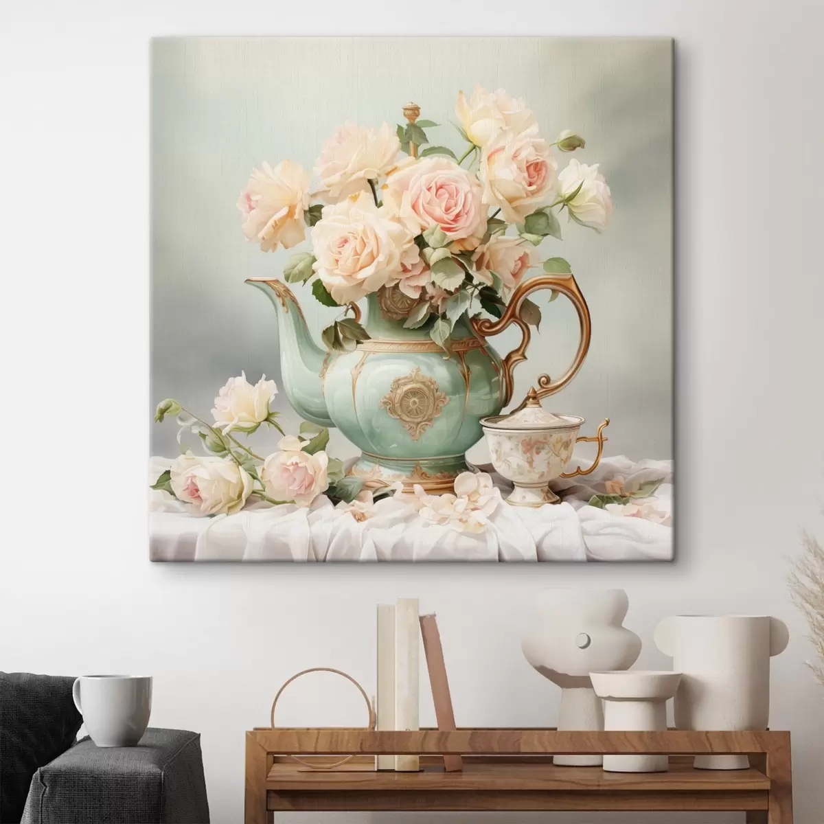 Obraz Zátiší s jemnými růžemi v čajové soupravě Č. s45045