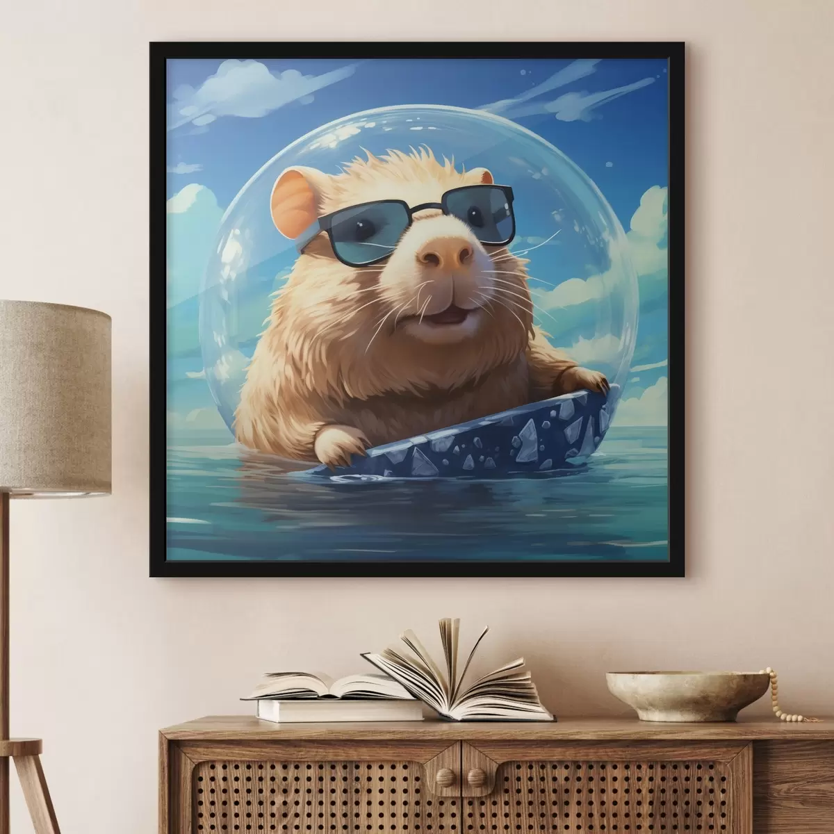 Poster Veselá kapybara v průhledné bublině na vodě f45029