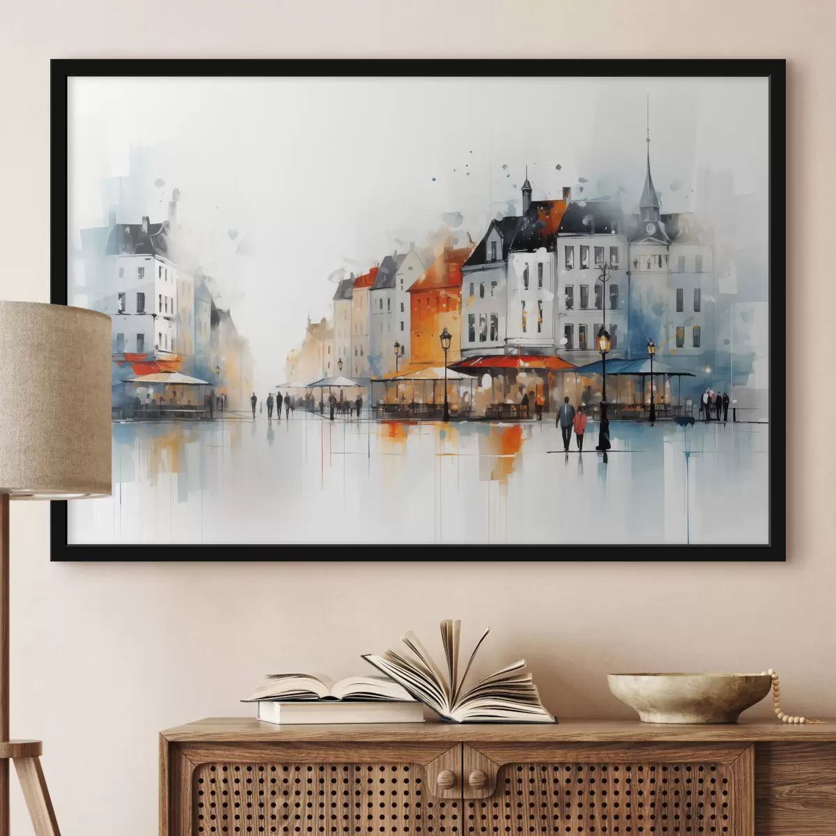 Poster Uliční scéna s budovami a lidmi v uměleckém stylu f45050