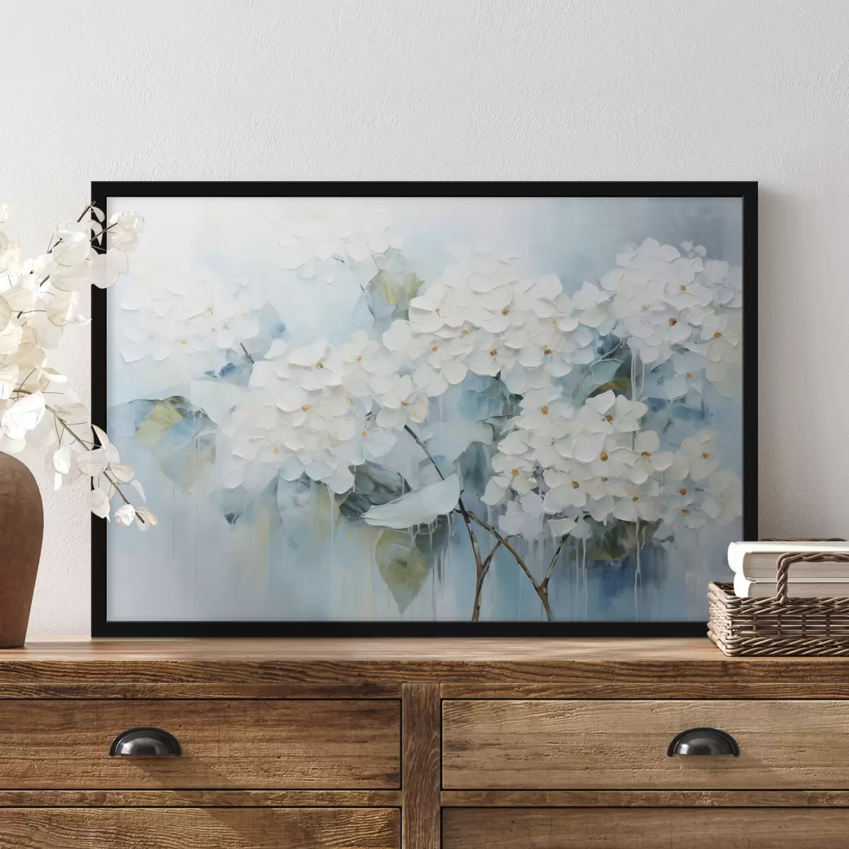 Poster Kvetoucí bílé hortenzie ve stylu olejomalby f45051