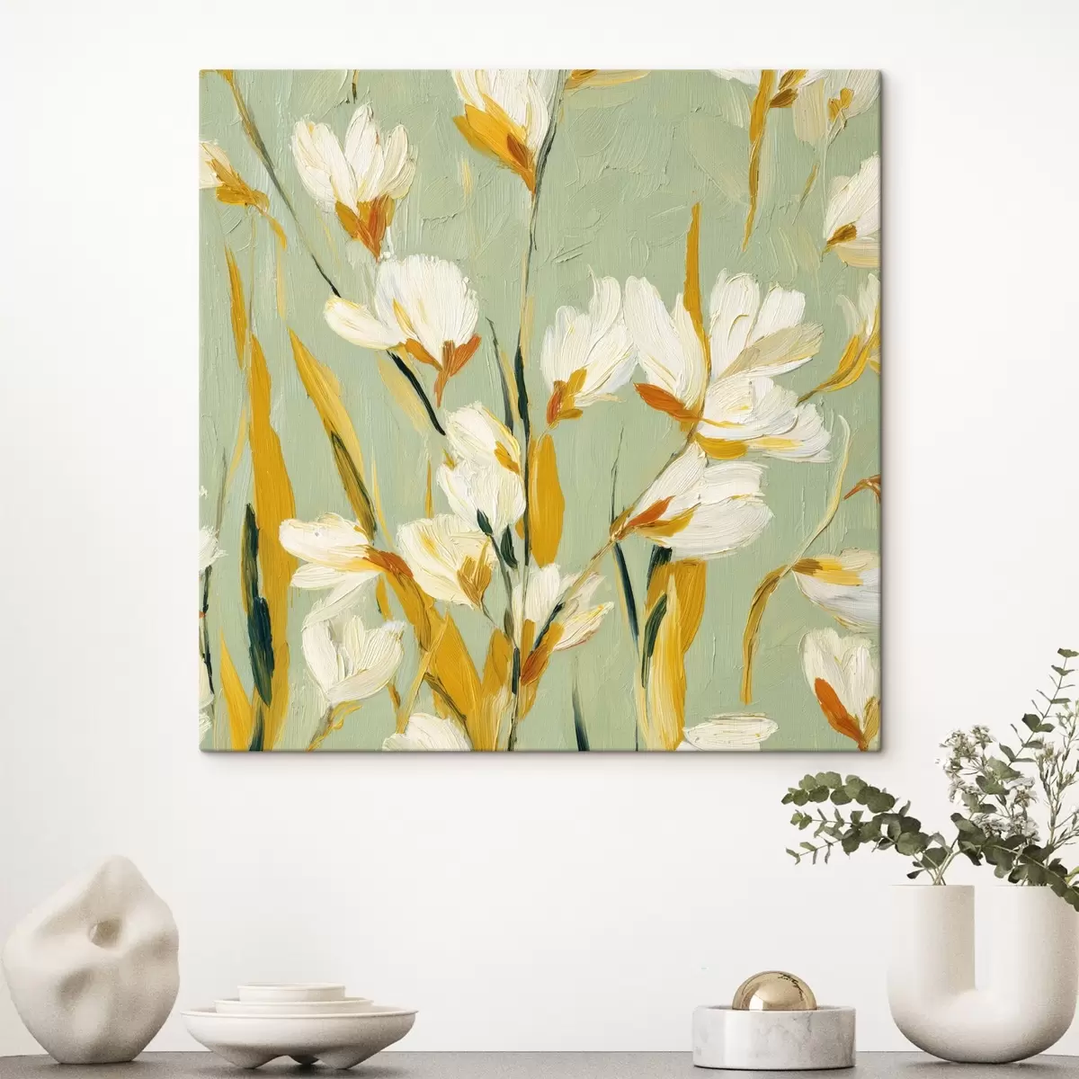 Obraz Bílé květy se žlutými akcenty na mátovém pozadí ve stylu tahů štětcem Č. s45264