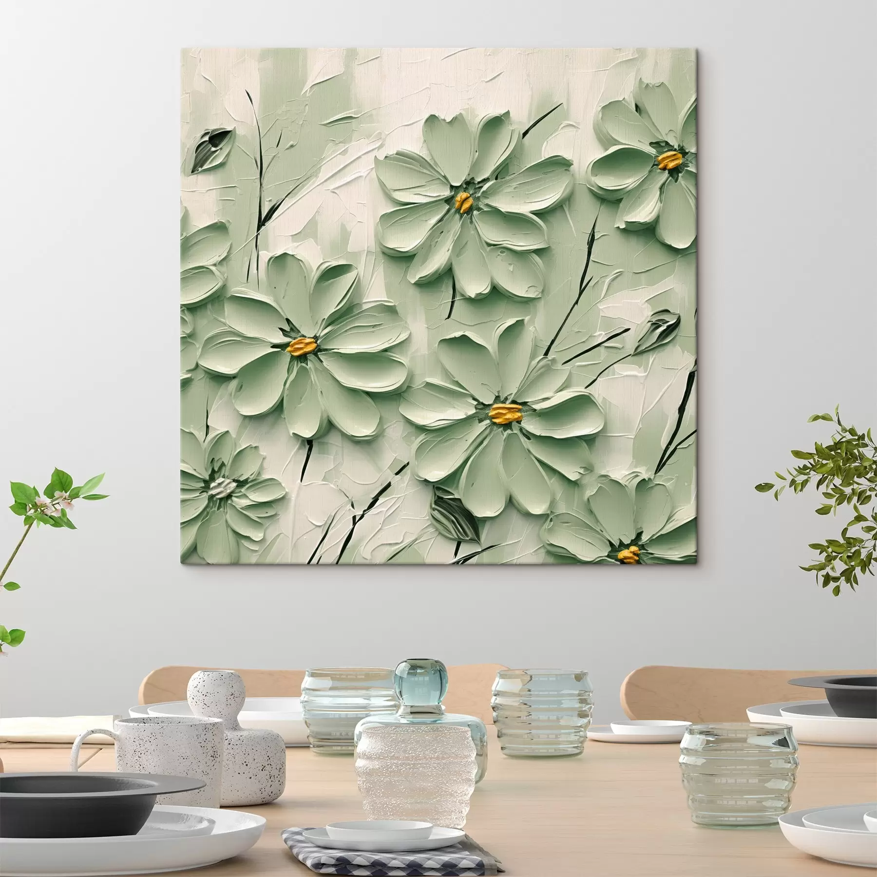 Obraz Zelené květy se žlutými středy malované hustými tahy štětce na světlém pozadí Č. s45265