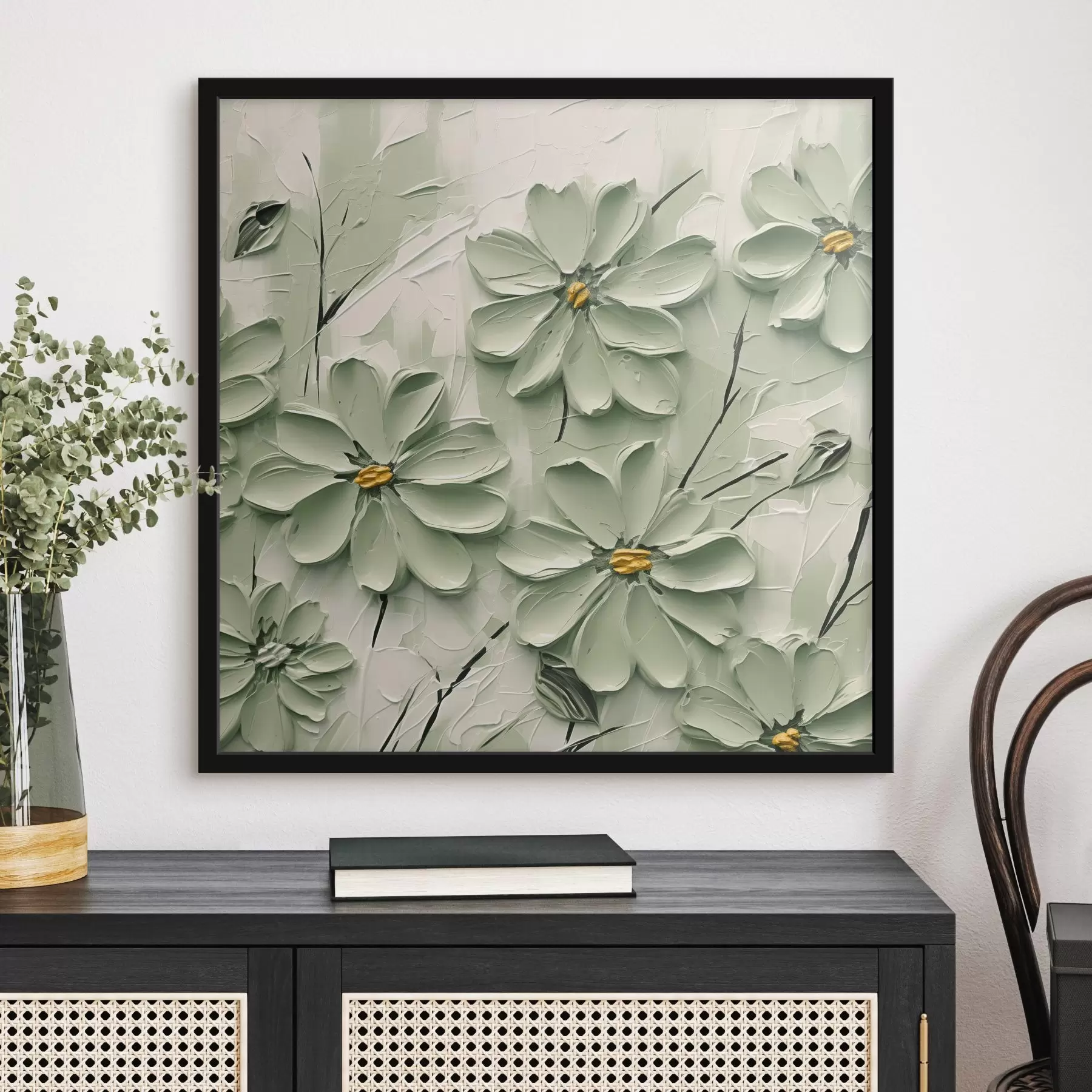 Fototapet Zelené květy se žlutými středy malované hustými tahy štětce na světlém pozadí f45265