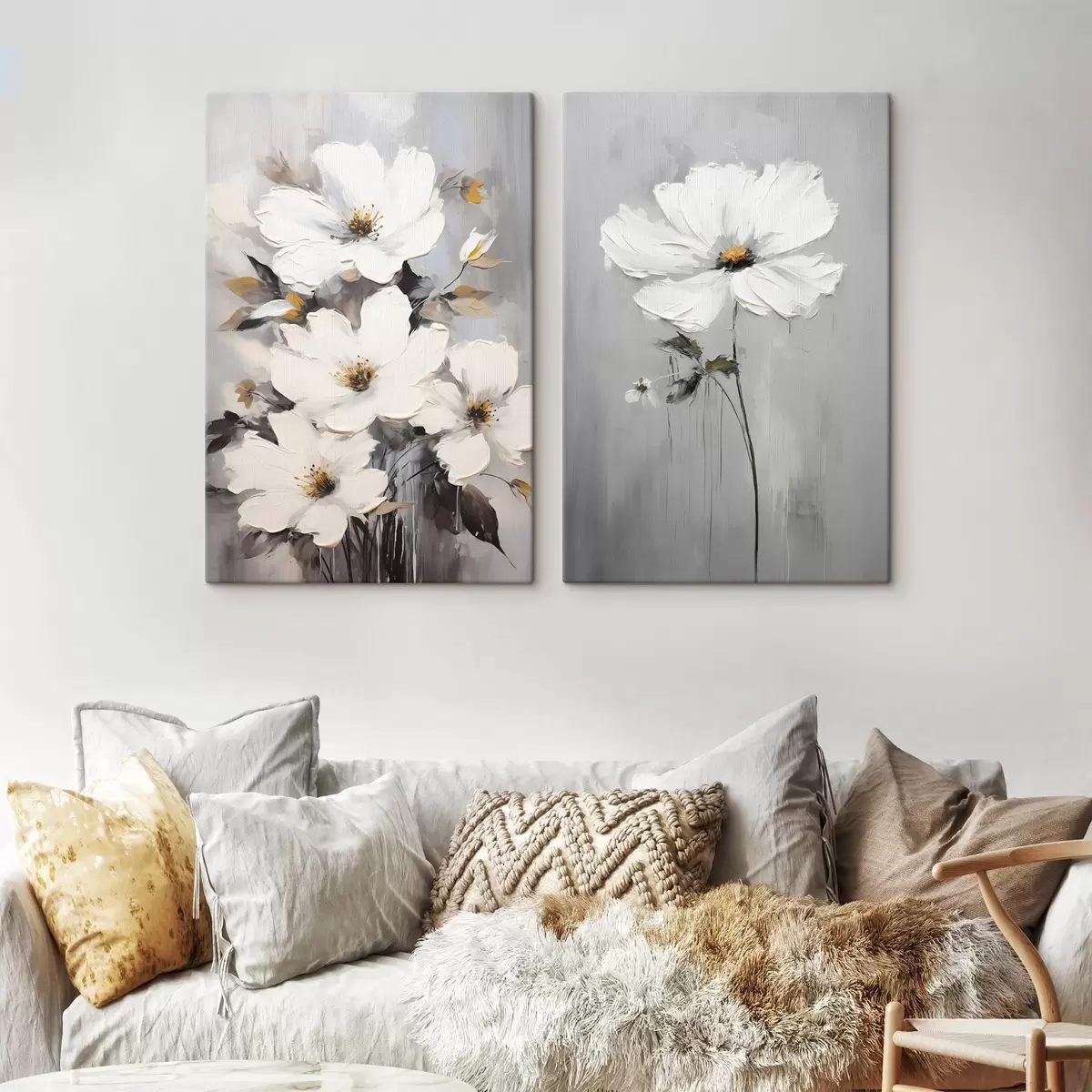 Obraz Umělecká kompozice s bílými květy a texturovaným povrchem v minimalistickém stylu Č. m00574