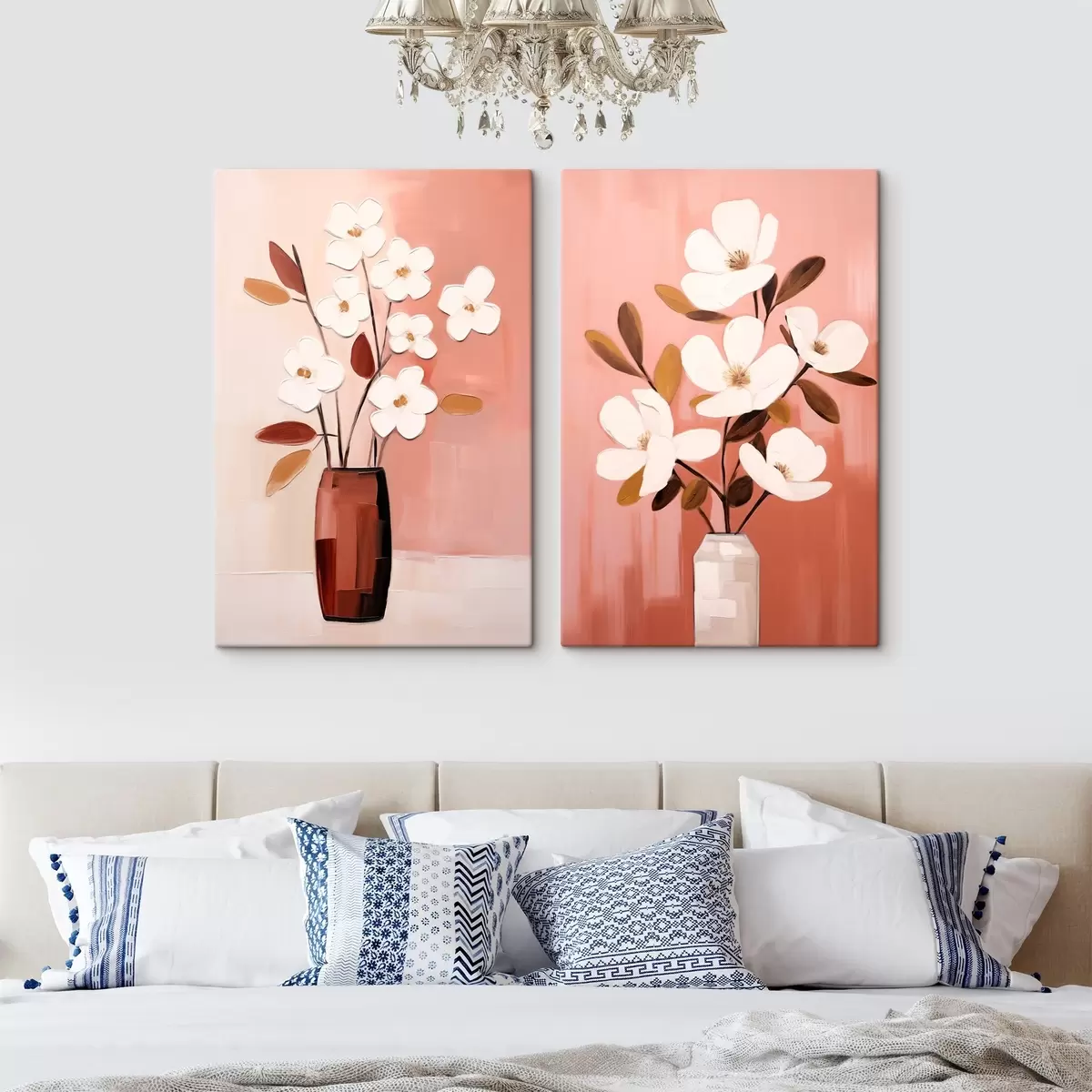 Obraz Kompozice s kontrastními vázami a strukturovanými bílými květy Č. m00575