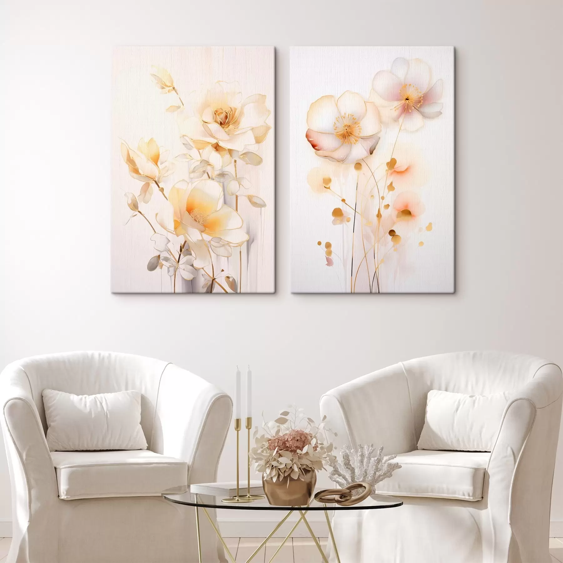 Obraz Květinový duet: jemný diptych v akvarelovém stylu s elegantními liniemi Č. m00577